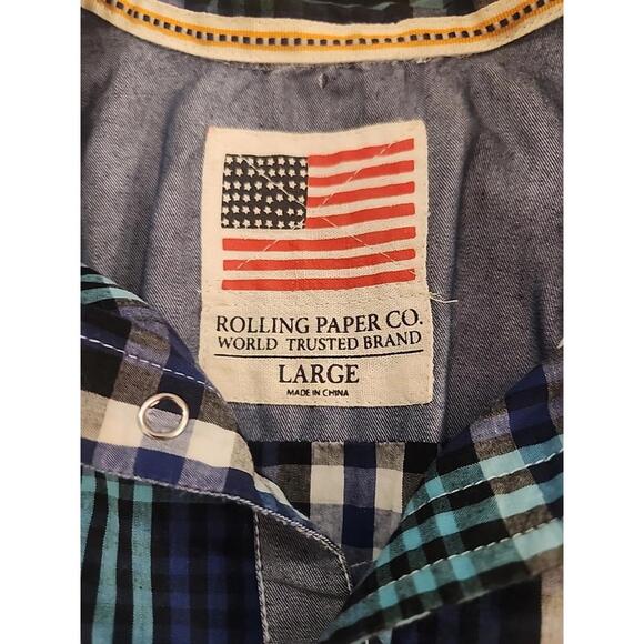 Rolling Paper Men’s Plaid Multicolor Short Sleeve Button Shirt Patches Size L - Picture 6 of 10